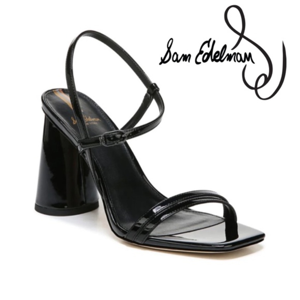 NEW SAM EDELMAN ‎ Kit Black Patent Leather Block Heel Sandals Squared Open Toe